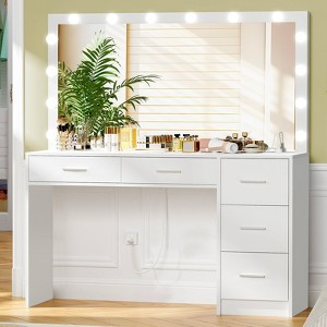 USIKEY 47.2" Large Vanity Desk with Lighted Mirror, 14 Lights, Makeup Vanity Table with 5 Large Drawers & Charging Station for Bedroom - 1 of 4