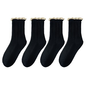Anna-Kaci Women's 4 Pairs Knit Socks with Ribbed Texture Lace Ruffle Trim Ribbed Cuffs Soft Stretch Fabric - 1 of 4