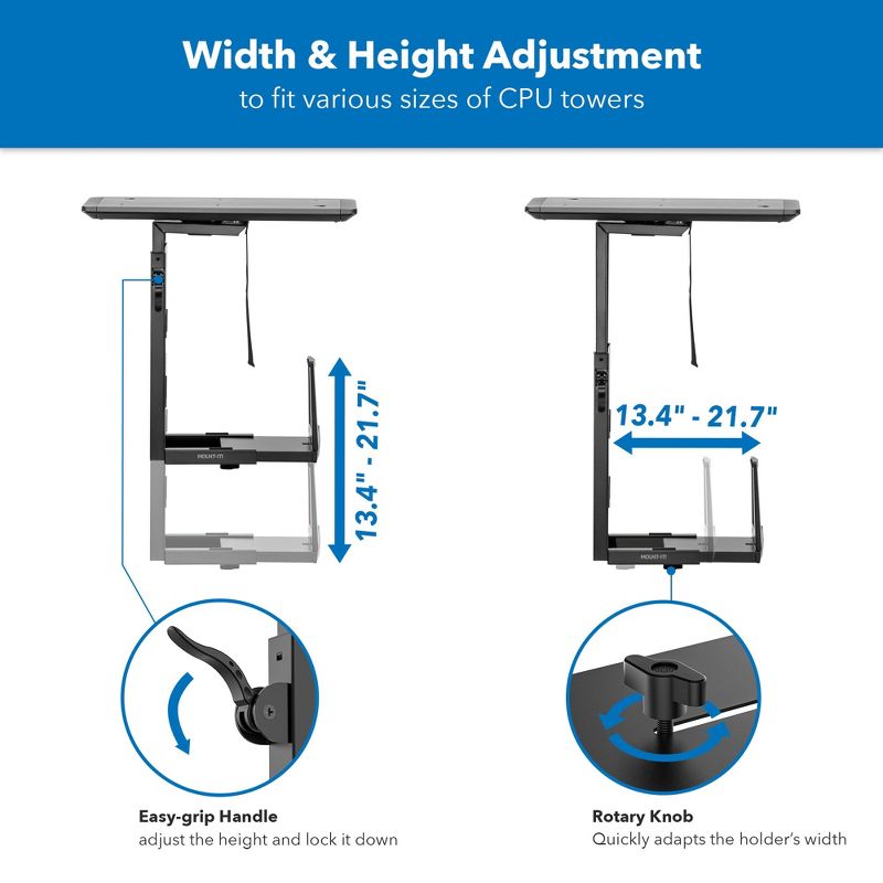 Mount-It! Heavy Duty Deluxe Under Desk Computer Mount | Height Adjustable CPU Holder with Sliding Tracks | 33 Lbs. Weight Capacity | Black, 4 of 9