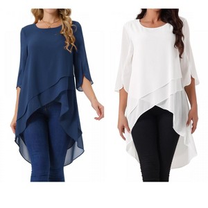 INSPIRE CHIC Women's High Low Hem Scoop Neck Asymmetrical 3/4 Sleeve Summer Top 2 Packs - 1 of 4