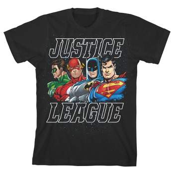 The Justice League Four Superheroes Black Graphic Tee Toddler Boy to Youth Boy