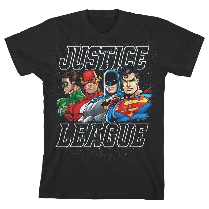 The Justice League Four Superheroes Black Graphic Tee Toddler Boy to Youth Boy, 1 of 4