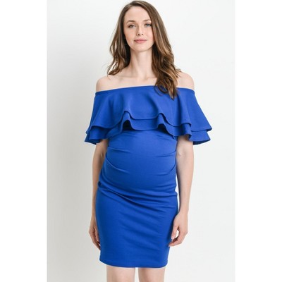 Hello Miz Women's Off Shoulder Double Ruffle Maternity Dress