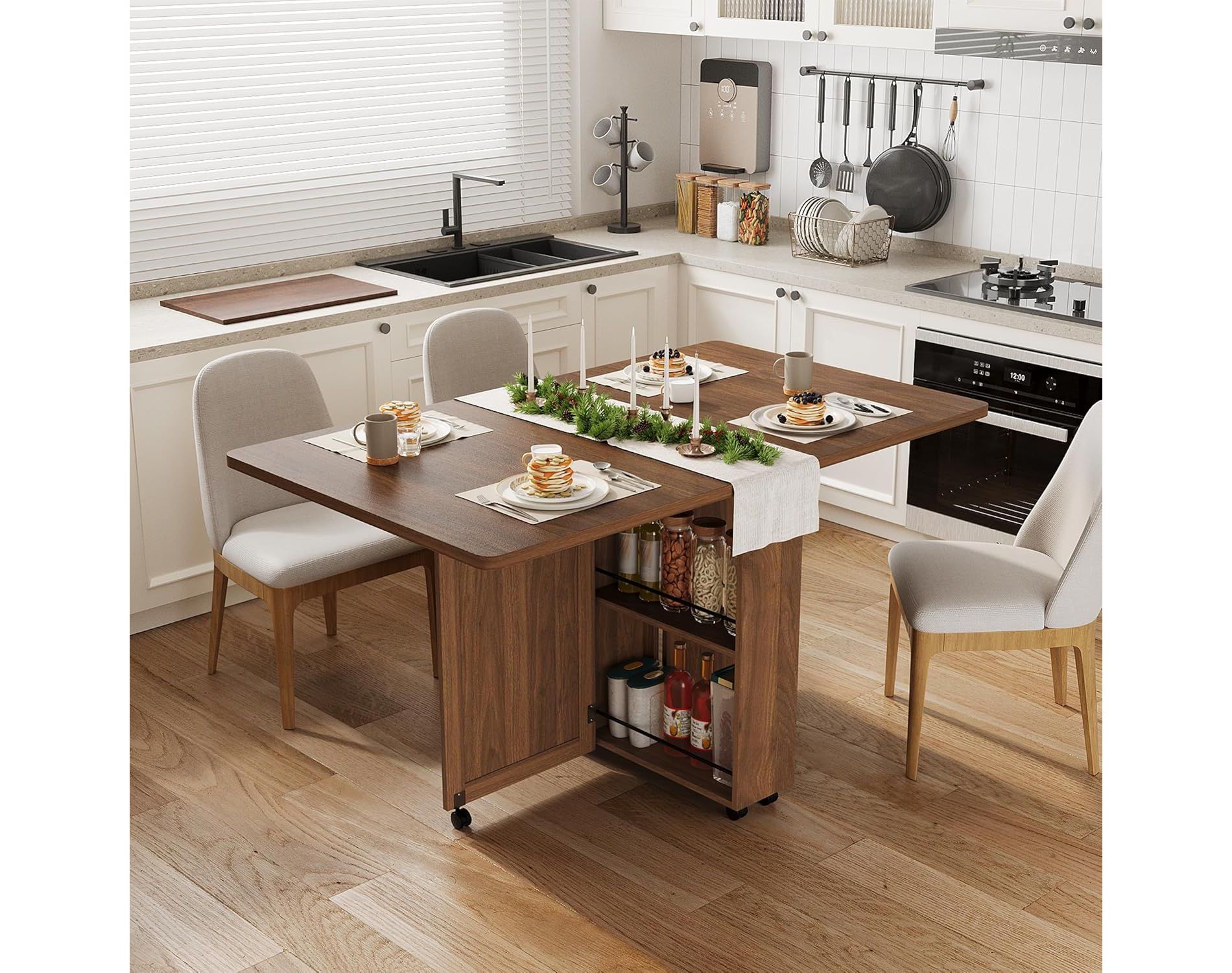 Acekool 52.7" Folding Dining Table, Expandable Drop Leaf, Storage Drawer, Shelves, Wheels, Multi-Functional for Small Spaces