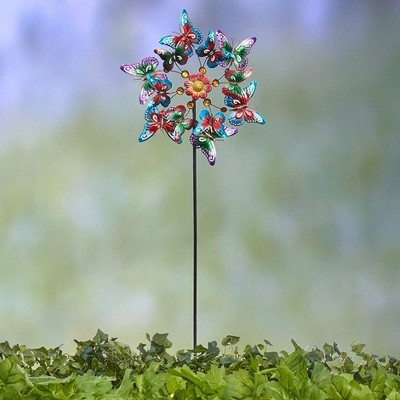 Colorful Butterfly Themed Metallic Garden Wind Spinner Stake