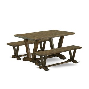 HomeStock 3-Piece Rectangle Distressed Jacobean Finish Solid Wood Top Dining Table with 2-Benches - 1 of 4