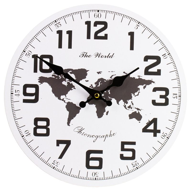Northlight 12" White and Black Battery Operated Round Wall Clock with Continent Design, 1 of 5