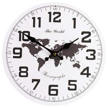 Northlight 12" White and Black Battery Operated Round Wall Clock with Continent Design