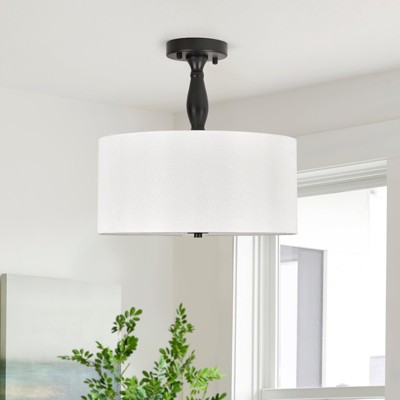 PAKOKULA 3-Light Black Drum Dimmable Semi-Flush Mount Ceiling Light with White Fabric Shade