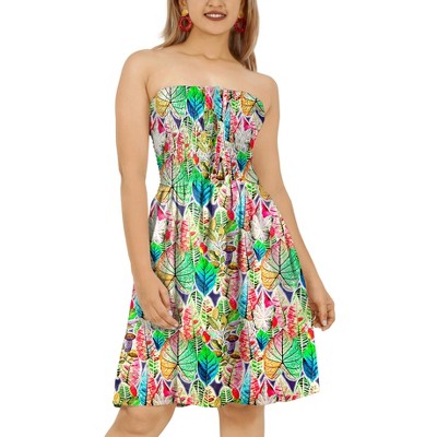 HAPPY BAY Women's House Daily Routine Evening Wear Vacation Holiday Smocked Mini Flowy Strapless Evening Tube Dress One Size Colorful, Leaves