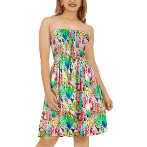 HAPPY BAY Women's House Daily Routine Evening Wear Vacation Holiday Smocked Mini Flowy Strapless Evening Tube Dress One Size Colorful, Leaves - 1 of 4
