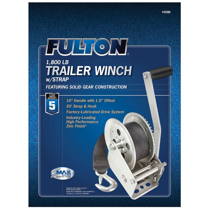 Fulton 142305 Universal Single Speed Towing Winch with 20 Feet Strap and Hook, Comfortable Grip Handle, 1800 Pound Capacity, 2 of 7