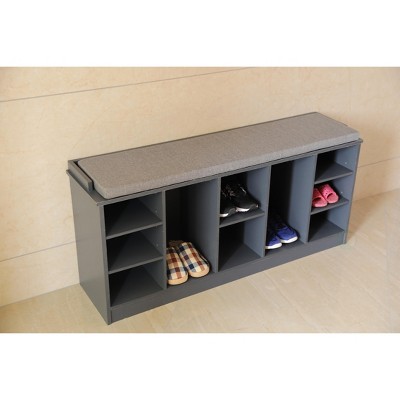 Gray Wooden Shoe Cubicle Storage Entryway Bench with Cushion