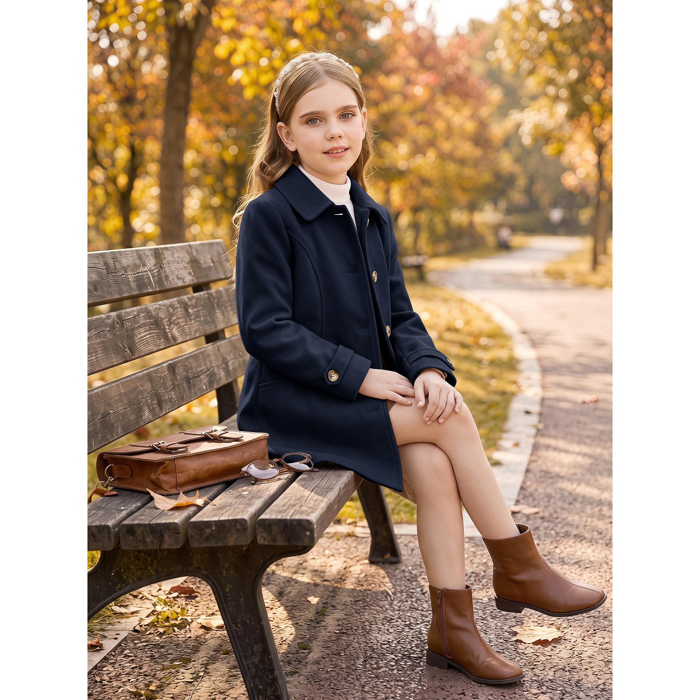 Куртка INSPIRE CHIC Lapel Single-Breasted Dress Coat Mid-Length Winter Outerwear 5-12 Years Small Dark Blue для девочек, цвет: Тёмный синий — фото 4