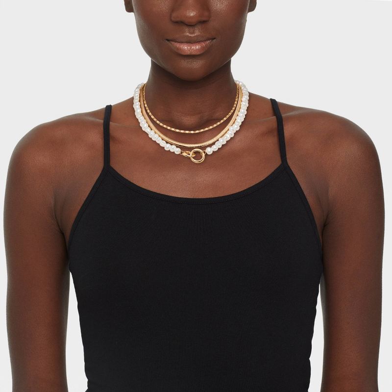 Gold Pearl Herringbone Chain 3 Row Necklace - A New Day&#8482; Gold, 2 of 5