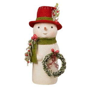 Bethany Lowe 6.5 Inch Snowman With Wreath Christmas Felt Hat Snowman Figurines - 1 of 3