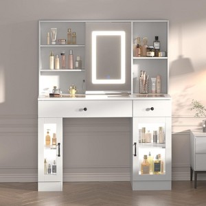 Glass Top Vanity Desk with Sliding LED Mirror, Makeup Table with 3-Color Lights, Rainbow Glass Cabinets & USB/AC Outlets, MDF Beauty Hub - 1 of 4