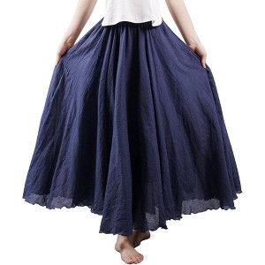 Women's Bohemian Cotton Linen Maxi Skirt - Long Flowy Casual for Summer Beach Holiday Navy Blue - 1 of 4