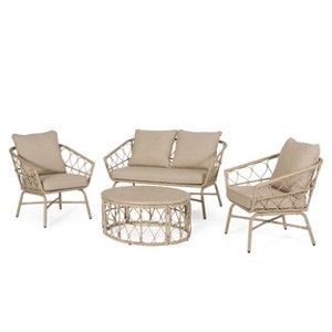 4pc Bruce Outdoor Wicker Set with Cushions Light Brown/Beige - Christopher Knight Home - 1 of 4