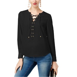 I.N.C International Concepts Womens Lace-Up Knit Blouse, Black, X-Small - 1 of 1