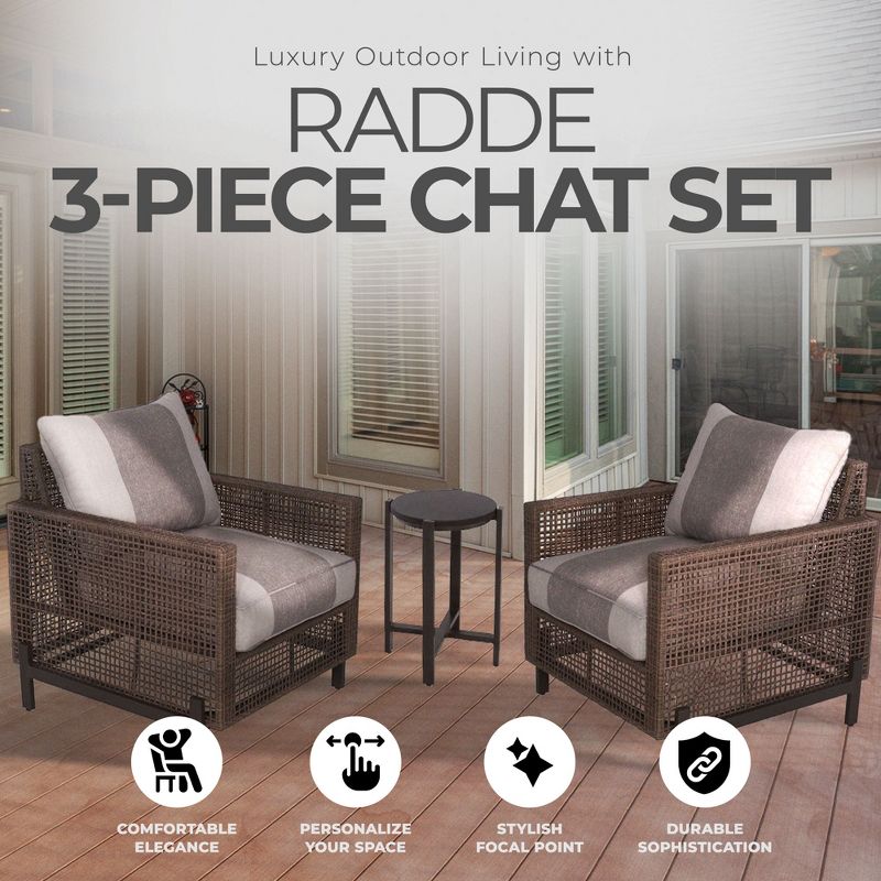 Four Seasons Courtyard Radde 3 Piece Woven All Weather Wicker Stylish Deep Seating Chat Furniture Set for Small Spaces, Beige/Oatmeal, 5 of 7
