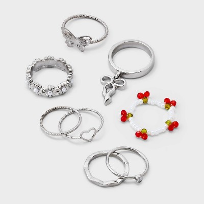Butterfly and Bow Ring Set 8pc - Wild Fable™ Silver: Iron, Acrylic, Zinc Alloy, Sizes 6-8