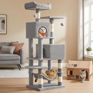 61-Inch Plush Multi-Level Cat Condo with 5 Scratching Posts, 2 Perches, 2 Caves, Hammock - 1 of 4