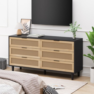 Rattan 6 Drawer Dresser for Bedroom, Dresser Chest of Drawers, Beside Table for Closet, Storage Organizer for Hallway Living Room Bedroom