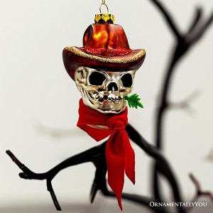 Vintage Ol Western Cowboy Skull Glass Ornament, Gothic Skeleton Wild West Tree Decor - 1 of 4