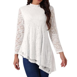 Seta T Women's Lace Long Sleeve Mock Neck Asymmetric Hem Casual Elegant Blouses - 1 of 4