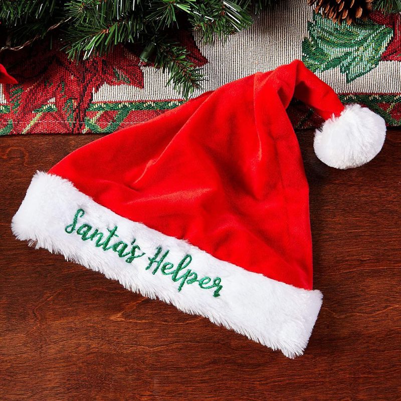 Blue Panda 2-Pack Santa's Helper Funny Christmas Hats, Velvet Comfort Xmas Holiday Party Santa Hat for Kids, 2 of 6