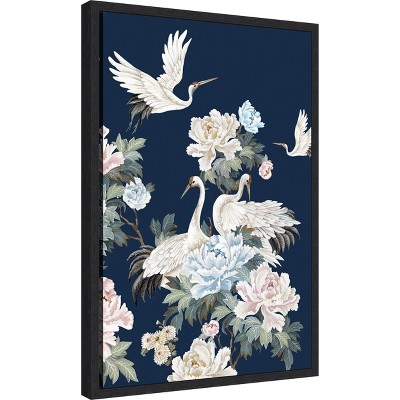 Pearly White Cranes on Navy Canvas Wall Art Print