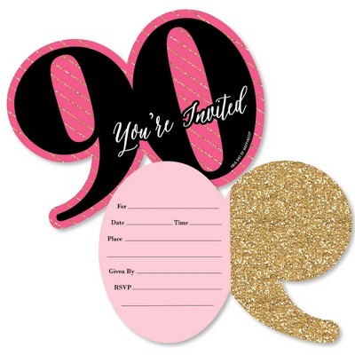 Big Dot of Happiness Chic 90th Birthday - Pink, Black and Gold - Shaped Fill-in Invites - Birthday Party Invitation Cards with Envelopes - Set of 12