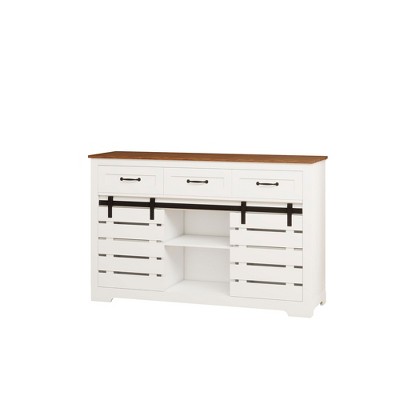 GlasFlength Decorative Storage Cabinet Sideboard with 3 Drawers, 2 Sliding Doors, 2 Adjustable Shelves, for Kitchen, White, 53.15"*15.75"*33.86"