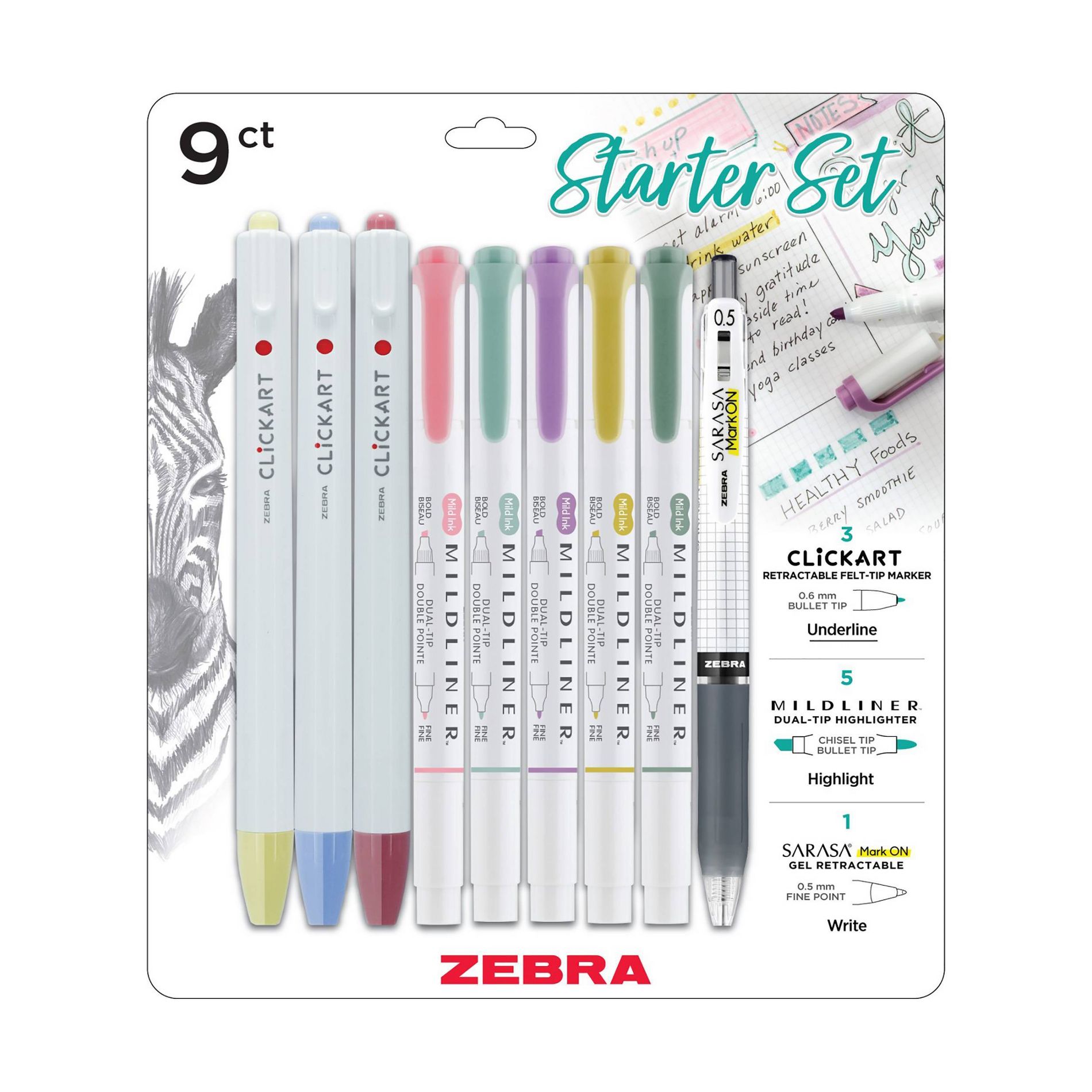 Zebra 9ct Starter Writing Set - Clickart Markers, Mildliners, and SARASA gel pen