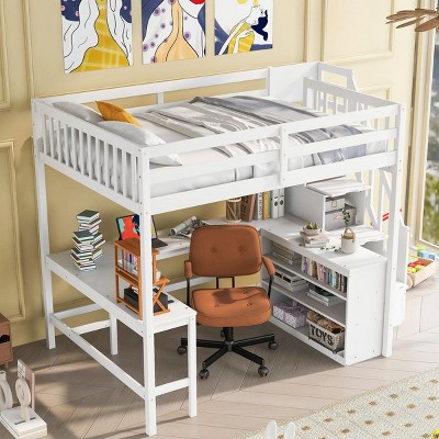 Streamdale Full-Size Loft Bed with L-Desk, Shelves, and Storage Staircase in White