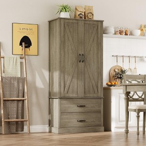 Kitchen Pantry Storage Cabinet with Barn Doors, Drawer, 2 Adjustable Shelves, Freestanding Tall Hutch with Microwave Stand for Kitchen or Dining Room - 1 of 4