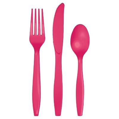 24ct Hot Magenta Pink Assorted Plastic Disposable Silverware Flatware