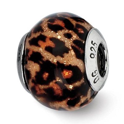 Black Bow Jewelry Brown Jaguar Glitter Overlay Glass & Sterling Silver Bead Charm, 15mm