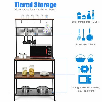 Industrial Black and Brown 4-Tier Kitchen Baker's Rack with Hooks