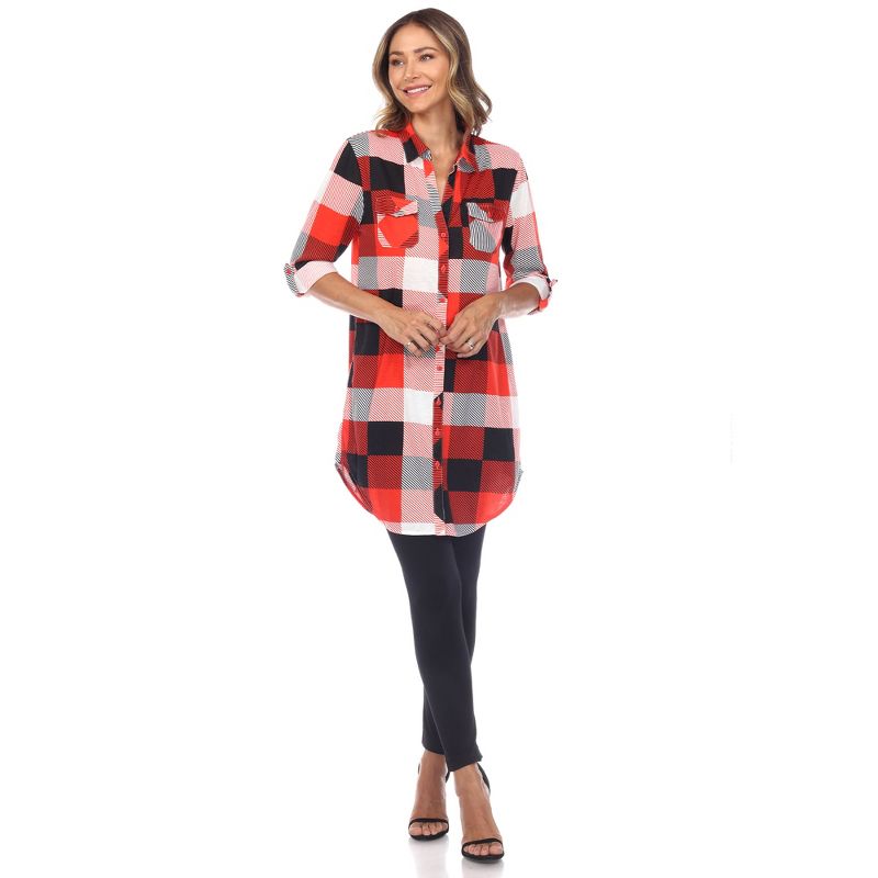 Women's  Roll Tab Sleeve Plaid Buttoned Top - White Mark, 2 of 6
