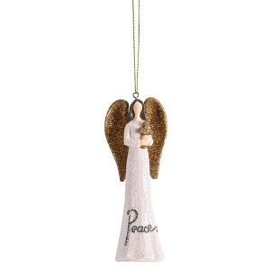 Dickson's Peace - Shimmering Glitter Angel Holding Cross - 4 x 1.5 Inch White/Gold Tone Resin Decorative Hanging Ornament - 1 of 2