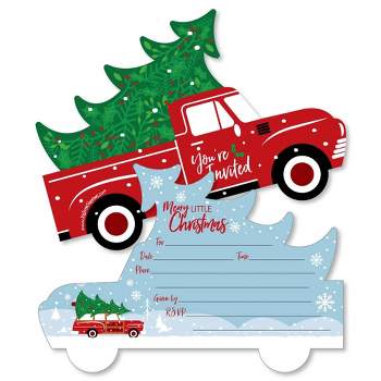 Big Dot of Happiness Merry Little Christmas Tree - Shaped Fill-in Invitations - Red Truck Christmas Party Invitation Cards with Envelopes - Set of 12