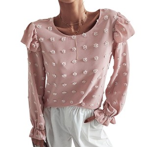 Anna-Kaci Women's Long Sleeve Textured Blouse with Raised Floral Details and Shoulder Ruffle Accents - 1 of 4