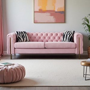 84" Chesterfield Velvet Sofa with Gold Metal Arms - 1 of 4