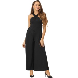 Allegra K Women's Cross Neck Sleeveless Wide Leg Full Length Romper Jumpsuits - 1 of 4
