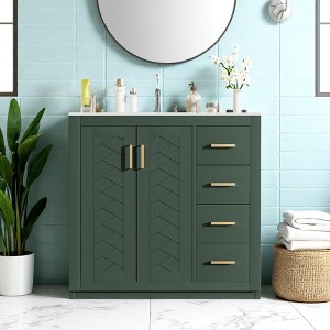 36" Indigo Bathroom Vanity with Sink – Solid Wood Frame, 3 Drawers, 2 Doors, Ceramic Basin, Soft-Close Hardware, Storage Cabinet - 1 of 4