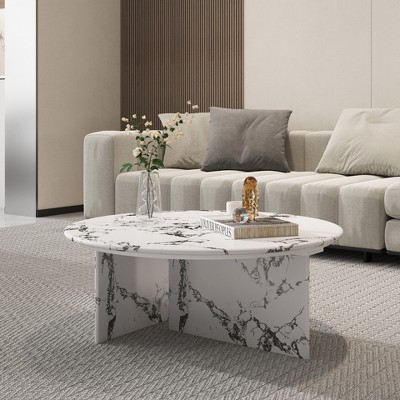 3.5" Marble Round Coffee Tables For Living Room, Center Table For Waiting Area, Space-Saving Coffee Table For Living Room
