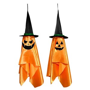 2 Pack Hanging Ghosts with Wizard Hat Snicker Scary Face Halloween Party Hanging Decorations Pumpkin Wizard Hat for Eave Tree Porch - 1 of 1