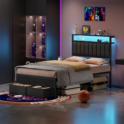 Full Bed Frames Grey Upholstered Headboard with Shelves Metal Platform Bed with 2 Under-Bed Storage (Fabric Drawer on Wheels) No Box Spring Needed